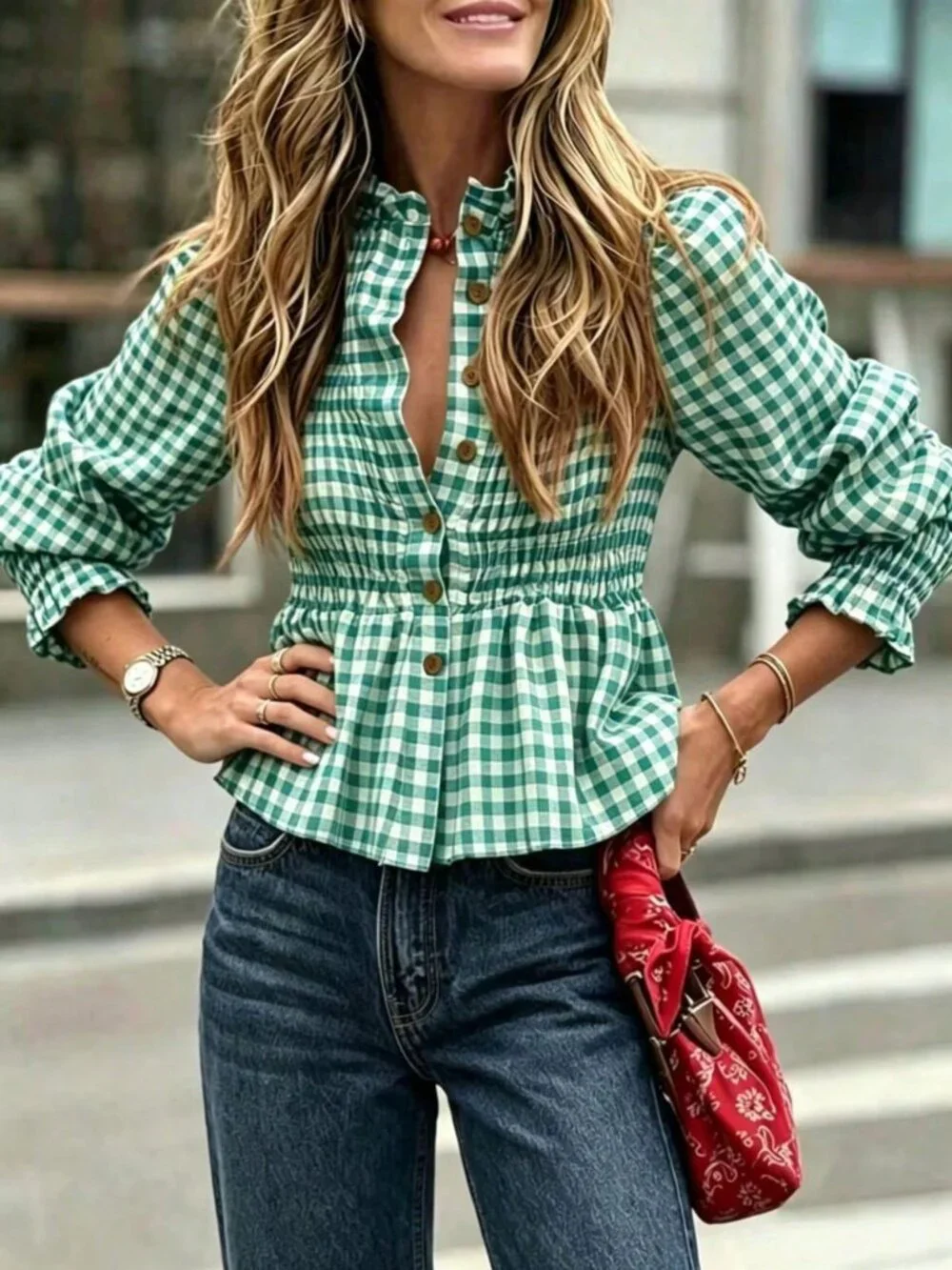 Green Casual Women's French Waist Cinching Plaid Design Chic Top